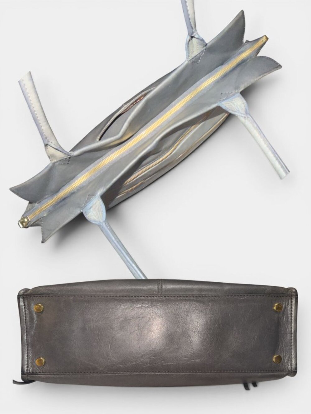 HOBO Seeker Shoulder Bag Slate Gray Polished Leather Brass Double Handle Satchel - Picture 6 of 8